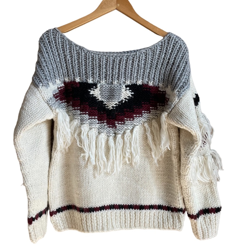 Current Elliott Rosemary Fringed Intarsia Hand Knit Sweater Size Small Wool